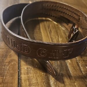 Vintage Brown Leather Belt with Wild Cat Embossing